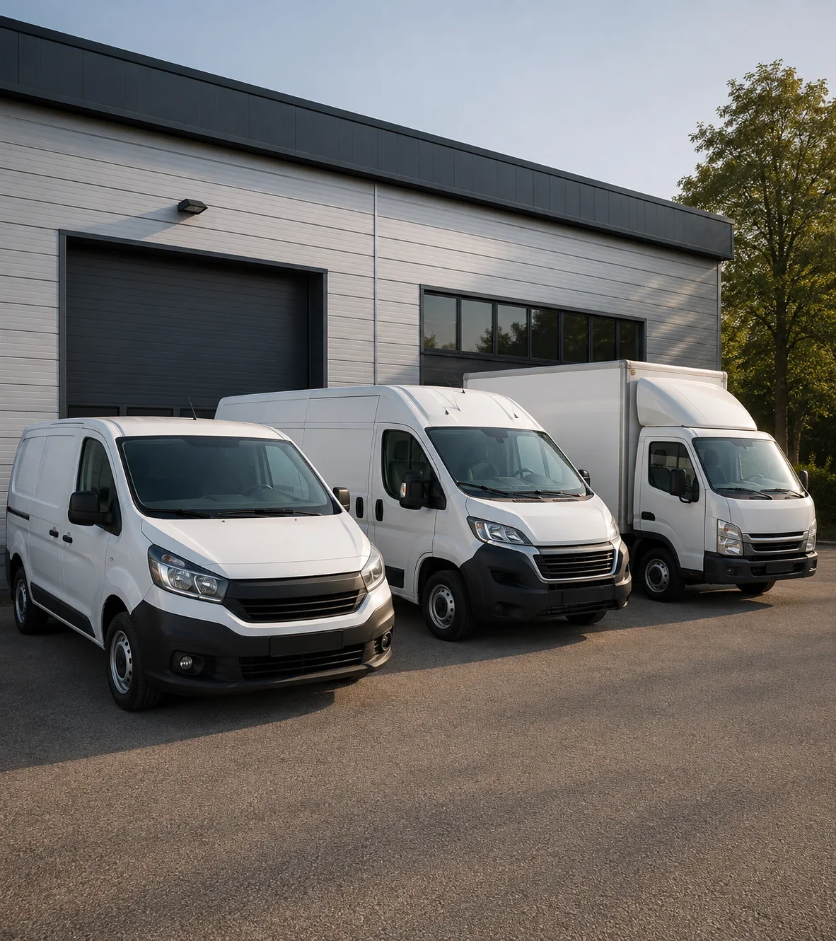 Zwei weiße Service-Transporter und ein kleiner LKW vor einer Werkhalle