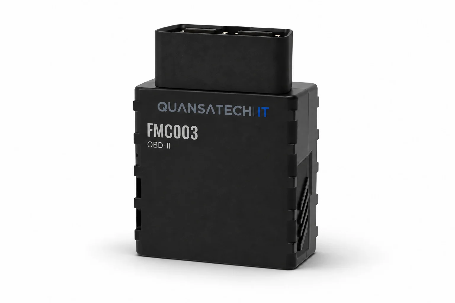 Teltonika FMC003 OBD-II-Gerät als Produktvisualisierung mit Quansatech-Branding